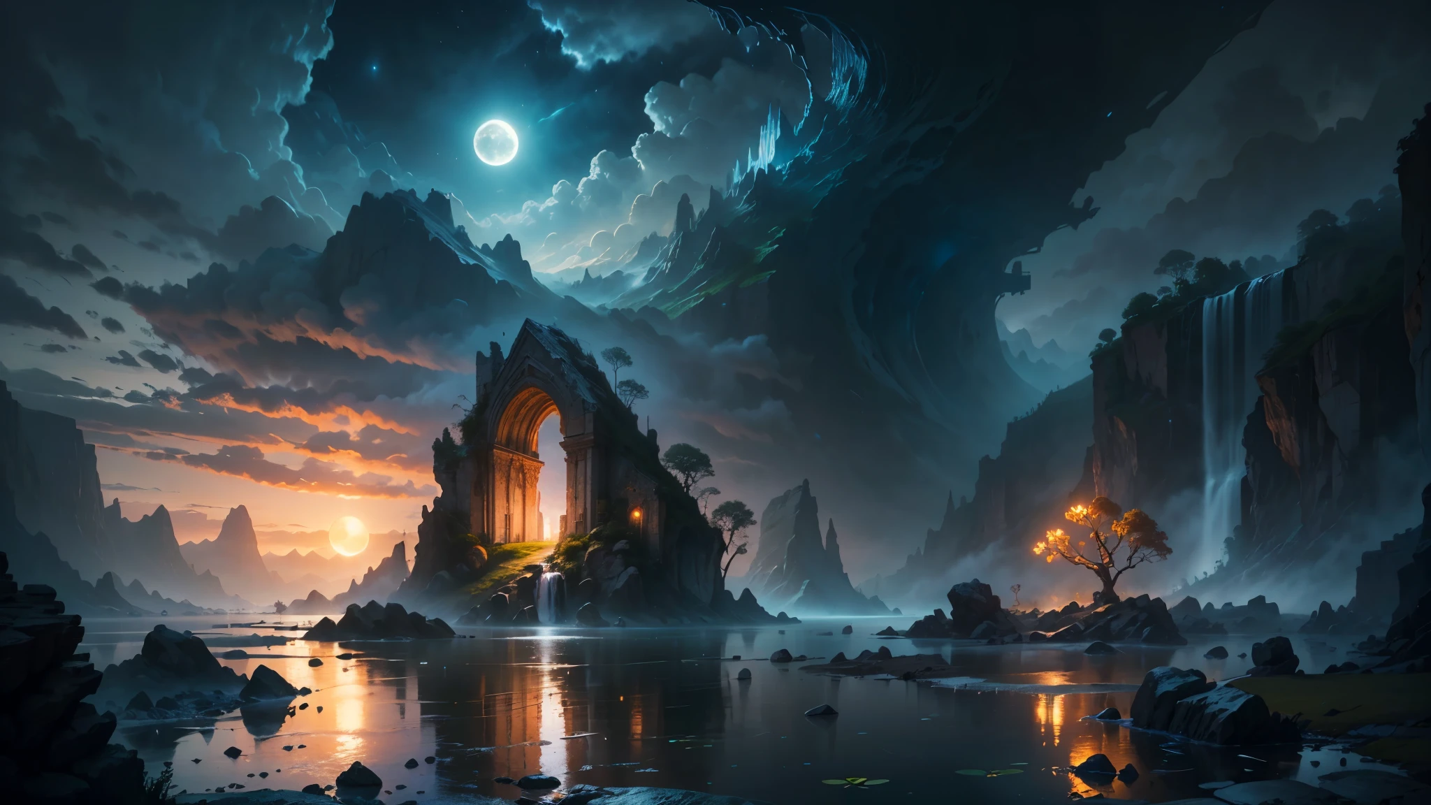 there is a large waterfall in the middle of a mountain, ancient city, epic matte painting of an island, the lost city of atlantis, an aztec city in a island lake, ancient city landscape, lost city of atlantis, marc simonetti. intricate, beautiful concept art, stunning concept art, highly realistic concept art, art style of marc simonetti, (((masterpiece))), best quality, high quality, extremely detailed CG unity 8k wallpaper, scenery, outdoors, sky, cloud, no people, mountain, landscape, water, tree, blue sky, waterfall, cliff, nature, lake, river, cloudy sky,award winning photography, Bokeh, Depth of Field, HDR, bloom, Chromatic Aberration ,Photorealistic,extremely detailed, trending on artstation, trending on CGsociety, Intricate, High Detail, dramatic, art by midjourney, tall waterfall, painting of a river with rocks and trees in the foreground, near a river, landscape, jungle, waterfall, crystal clear water, night light,((full moon)), colorful, river with rocks, rock bridge, epic, fantasy, ((roses and flowers on the banks of the pond)), ((oil painting)), moon landscape reflected in river, ((rock bridge))