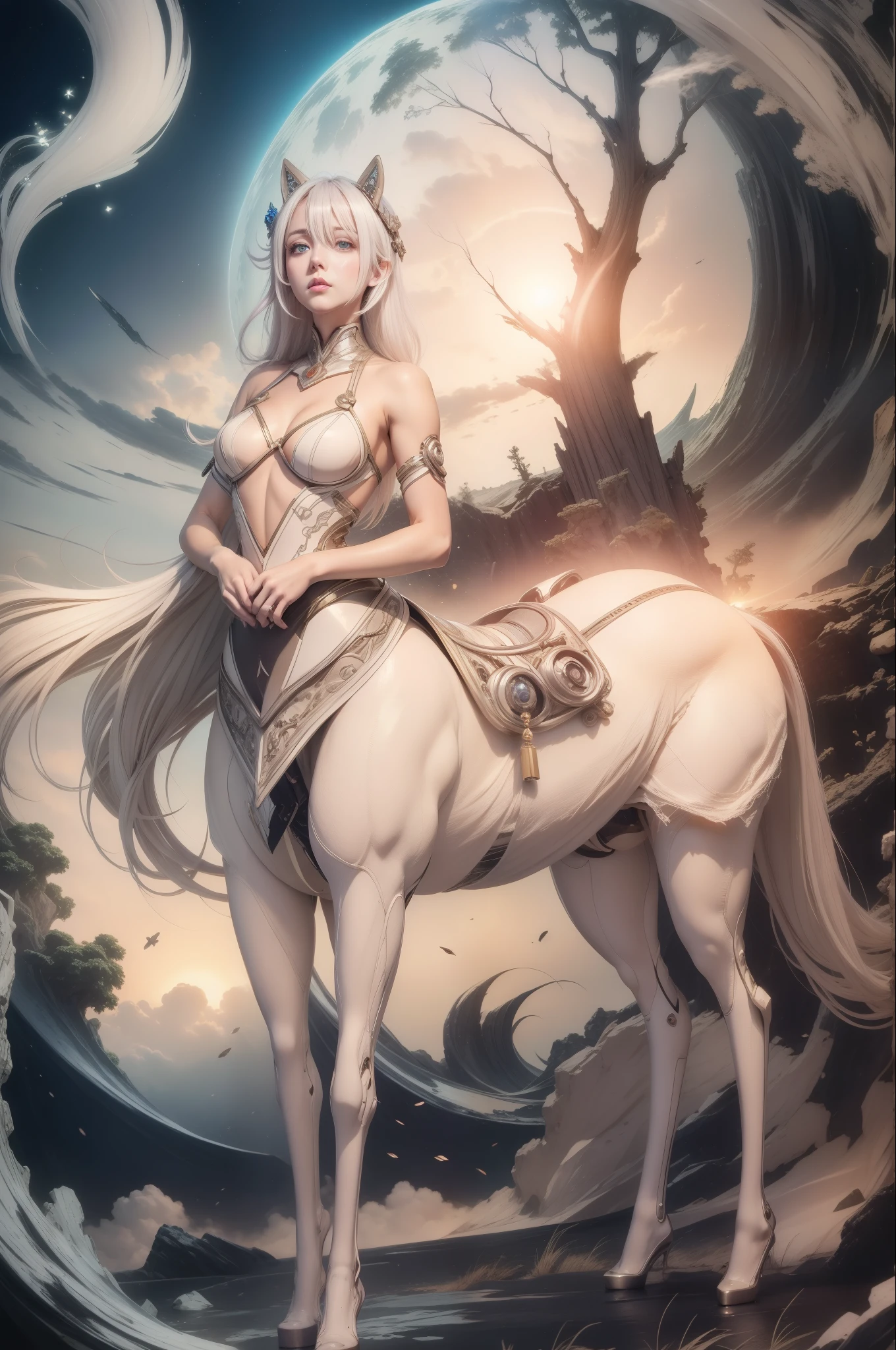 1 centaur girl,four legs,perfect body proportions,(10, masterpiece, best quality), Ultra-detailed, Beautiful eyes and beautiful details, Beautiful and delicate face, high quality, high resolution, beautiful hairstyle, realistic eyes, beautiful details eyes, (Realistic skin), facing the audience, Girl in sexy dress, huge cleavage, Transparent white tights, Mecha, ruins, single, empty eyes, Poker face, short hair white hair, Mechanical prosthesis, Mechanical legs, Knee Dagger, stand, Sexy, Unreal 5, Full shooting angle,