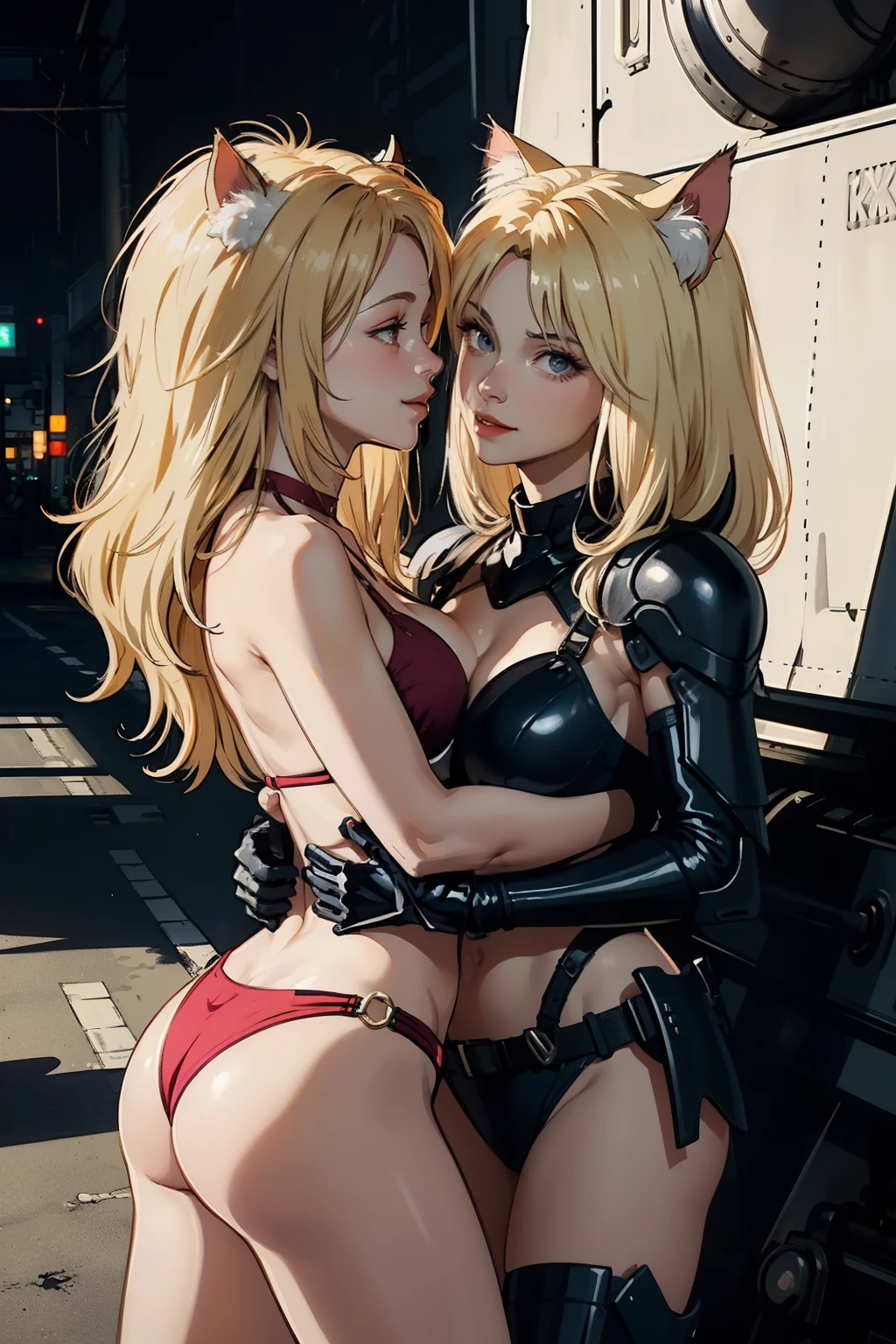 ((highest quality)), ((masterpiece)), (be familiar with), (High definition), 8K, perfect face、2 women、Two blonde women with cat ears standing side by side、(Smile)、NSFW, (hugging each other:1.2)、2 kisses、tall、2 Blonde cat ears、2. Long Hair、2. Volumetric hair style、big breasts、constricted waist、big ass、glamorous、Glamorous、Bikini Protector、Armor、combat suit、combat boots、armed、In front of the tank、cinematic、best shadow、side lighting、NEO TOKYO、(Close-up of two faces:1.1)