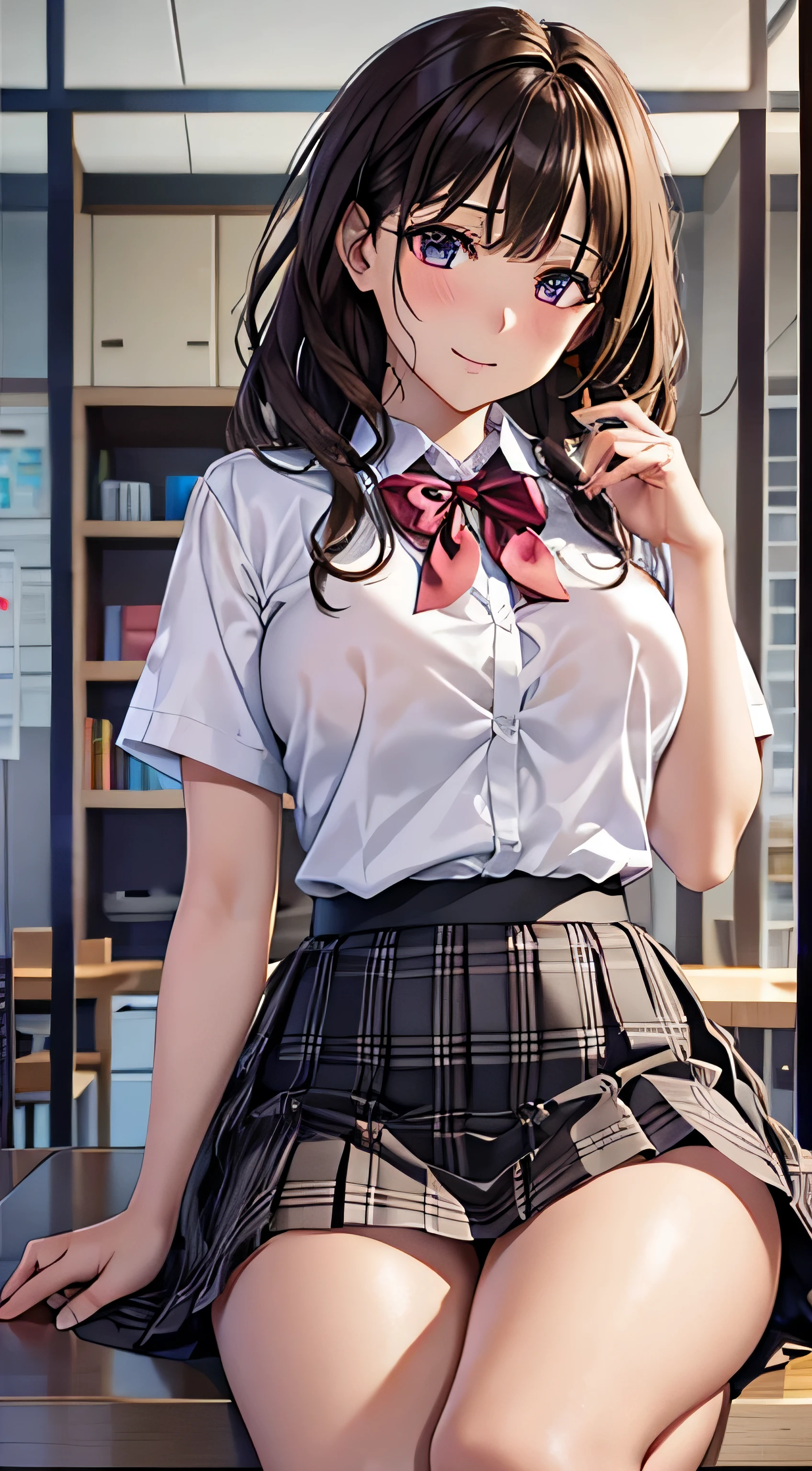 ((table top, highest quality, High resolution, nffsw, perfect pixel, 4k, nffsw, nffsw))), 1 girl, single, alone, beautiful woman、I could see the whole body、 ((short wavy hair, bangs, brown hair)), ((brown eyes, beautiful eyelashes, realistic eyes)), ((detailed face, blush:1.2)), ((smooth texture:0.75, realistic texture:0.65, realistic:1.1, Anime CG style)), medium breasts, dynamic angle, perfect body, ((school uniform,  white shirt, black skirt, unbuttoned shirt、plaid skirt、not wearing shoes、white socks)), classroom without people、sit at desk、..、evening、、、Very embarrassing panic smile、(lift the skirt with your right hand、open your legs、open your knees wide、pink floral lace panties)、、(pink lace bra)、angle from below
