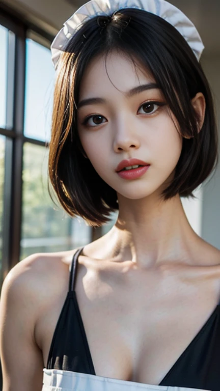 Slender Asian girl, kpop idol, ((maid uniform)), ((top quality, 8k, masterpiece: 1.3)), crisp focus: 1.2, beautiful woman with perfect figure: 1.4, highly detailed face and skin texture, detailed eyes, ((skinny)), beautiful face, symmetrical face, full-length, sexy, naked