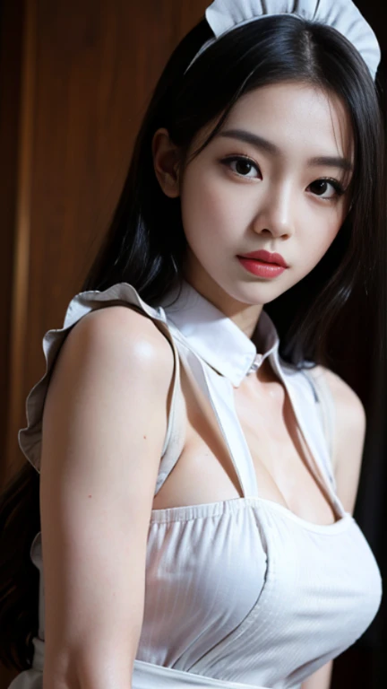 Slender Asian girl, kpop idol, ((maid uniform)), ((top quality, 8k, masterpiece: 1.3)), crisp focus: 1.2, beautiful woman with perfect figure: 1.4, highly detailed face and skin texture, detailed eyes, ((skinny)), beautiful face, symmetrical face, full-length, sexy, naked