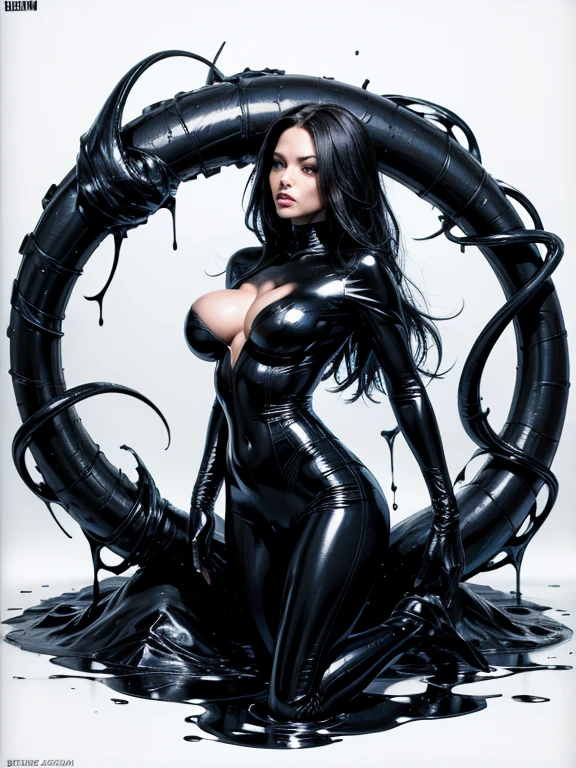 in a swirling liquid void, photorealistic sexy female venom marvel comics symbiote flowing liquid latex black alien goo,sleek feminine body, iconic sultry action standing pose ready for action.  high contrast black and white, cool concept ink art, giger, side view