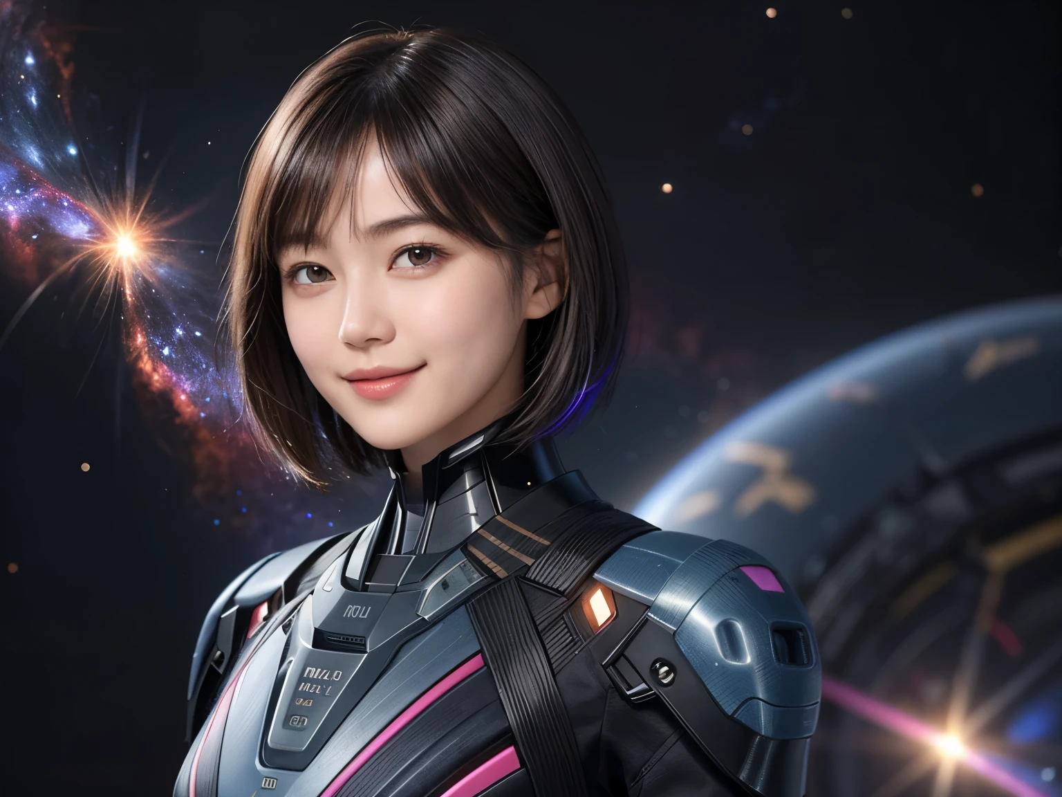 208 Short Hair, 20 year old female, Floral, gentle smile, futuristic clothes, mechanical suit, (The background is a galaxy and nebula)