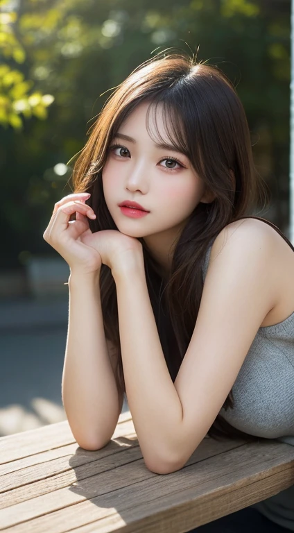 fine details, high resolution, high quality、Perfect dynamic composition, Beautiful and delicate eyes, Medium long hair, 、natural color lips,Kamimei、Shibuya、20 year old girl、1 person、clear skin、glowing hair、on the table, best quality, illustration, Super detailed, fine details, high resolution, 8K、The correct state of the human body、Squat down、Sculpt model pose,hair blowing in the wind,In the Dark