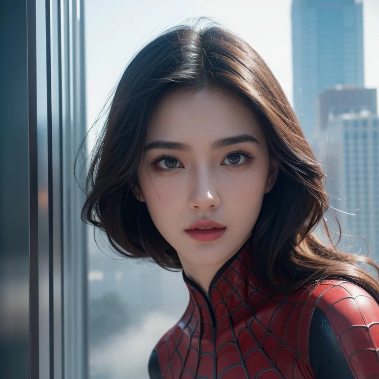 (1girl:1.3), Solo, (((Very detailed face)))), ((Very detailed eyes and face)))), Beautiful detail eyes, Body parts__, Official art, Unified 8k wallpaper, Super detailed, beautiful and beautiful, beautiful, masterpiece, best quality, original, masterpiece, super fine photo, best quality, super high resolution, realistic realism, sunlight, full body portrait, amazing beauty, dynamic pose, delicate face, vibrant eyes, (from the front), She wears Spider-Man suit, red and black color scheme, spider, very detailed city roof background, rooftop, overlooking the city, detailed face, detailed complex busy background, messy, gorgeous, milky white, highly detailed skin, realistic skin details, visible pores, clear focus, volumetric fog, 8k uhd, DSLR, high quality, film grain, fair skin, photo realism, lomography, futuristic dystopian megalopolis, translucent