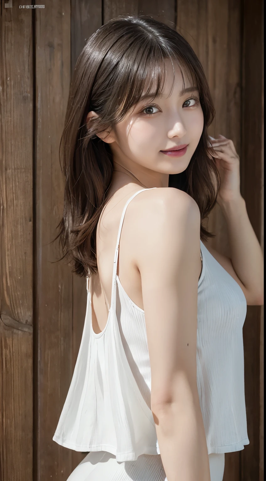 (8k, highest quality, masterpiece: 1.2), Super detailed, highest quality, Ultra-high resolution, Depth of written boundary,(Super detailedな,Caustics),(Photorealistic:1.4,RAW shooting,)Ultra-Realistic Capture,(Very detailed,High definition 16K for human skin,The skin texture is natural,Skin appears even-toned and healthy),(Use natural light and colour,One Woman Wide Lighting,Natural Shading),Japanese,1 girl, Beautiful Eyes, Short, Brown hair, Showing forehead, Mature hairstyle, **White long dress, Facing forward, Upper body facing forward**, Resort wear, Beach, (Sunlight:1.4)