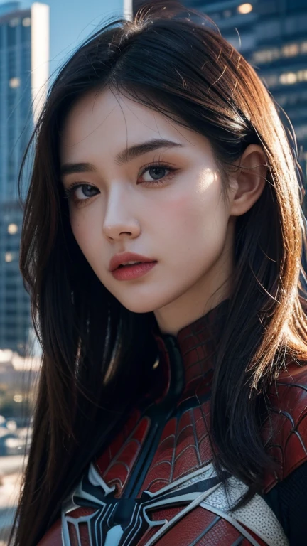 (1girl:1.3), Solo, (((Very detailed face)))), ((Very detailed eyes and face)))), Beautiful detail eyes, Body parts__, Official art, Unified 8k wallpaper, Super detailed, beautiful and beautiful, beautiful, masterpiece, best quality, original, masterpiece, super fine photo, best quality, super high resolution, realistic realism, sunlight, full body portrait, amazing beauty, dynamic pose, delicate face, vibrant eyes, (from the front), She wears Spider-Man suit, red and black color scheme, spider, very detailed city roof background, rooftop, overlooking the city, detailed face, detailed complex busy background, messy, gorgeous, milky white, highly detailed skin, realistic skin details, visible pores, clear focus, volumetric fog, 8k uhd, DSLR, high quality, film grain, fair skin, photo realism, lomography, futuristic dystopian megalopolis, translucent