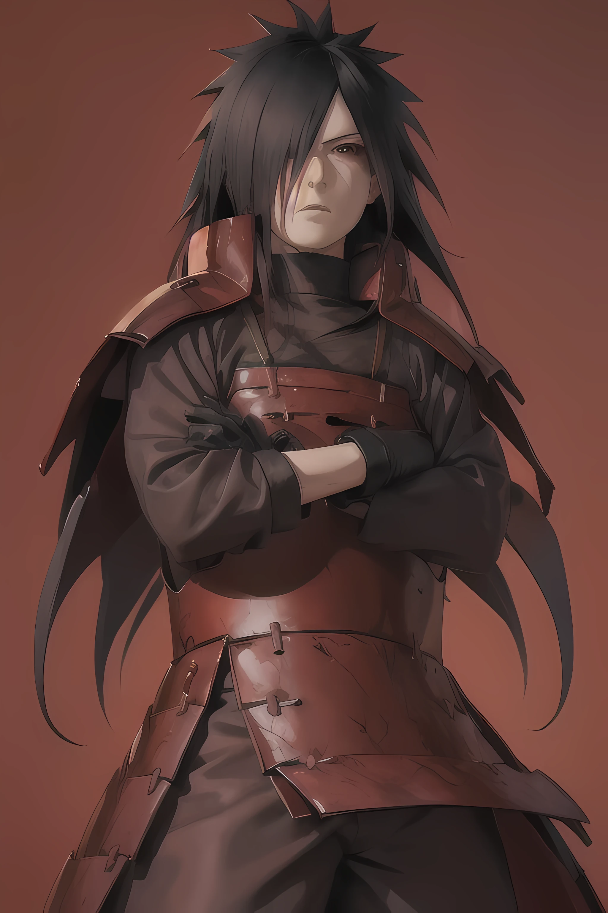 (masterpiece, best quality:1.2), red background, cowboy shot, solo, male focus, 1boy, uchiha madara, expressionless, looking at viewer, crossed arms, long hair, hair over one eye, japanese armor, black gloves