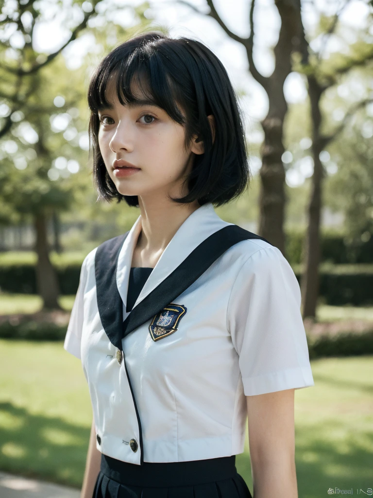 ( masterpiece, top quality, best quality,8k, girl,ultra detailed,raw photo:1.5),(photorealistic:1.4), (bob cut, black hair:1.5), (cinematic lighting), PerfectNwsjMajic, , Surrealism, UHD, ccurate, Super detail, textured skin, High detail, Best quality, dynamic angle, (high nose,White skin),[Beautiful eyes],[flat chest:large breasts:0.5],(1girl),(good anatomy:0.5)),(outside:1.5),Homely uniform 