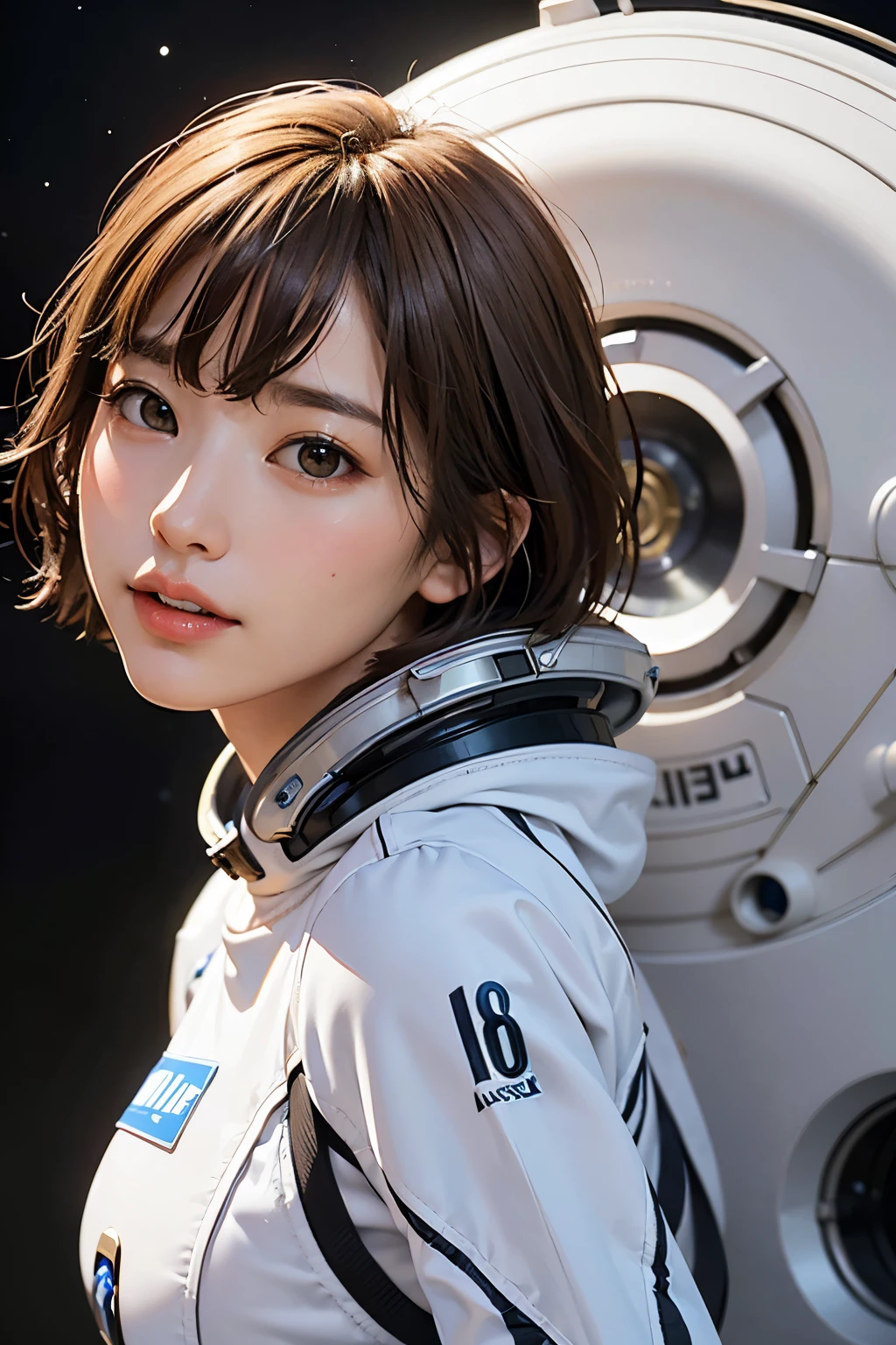 highest quality、masterpiece、ultra high resolution、(real:1.4)、Beautiful woman1、Beautiful details of eyes and skin、light brown short cut hair、small smile、latest space suit、space station、spaceship、Remains、cloudy sky、Sci-Fi Taste、film grain、