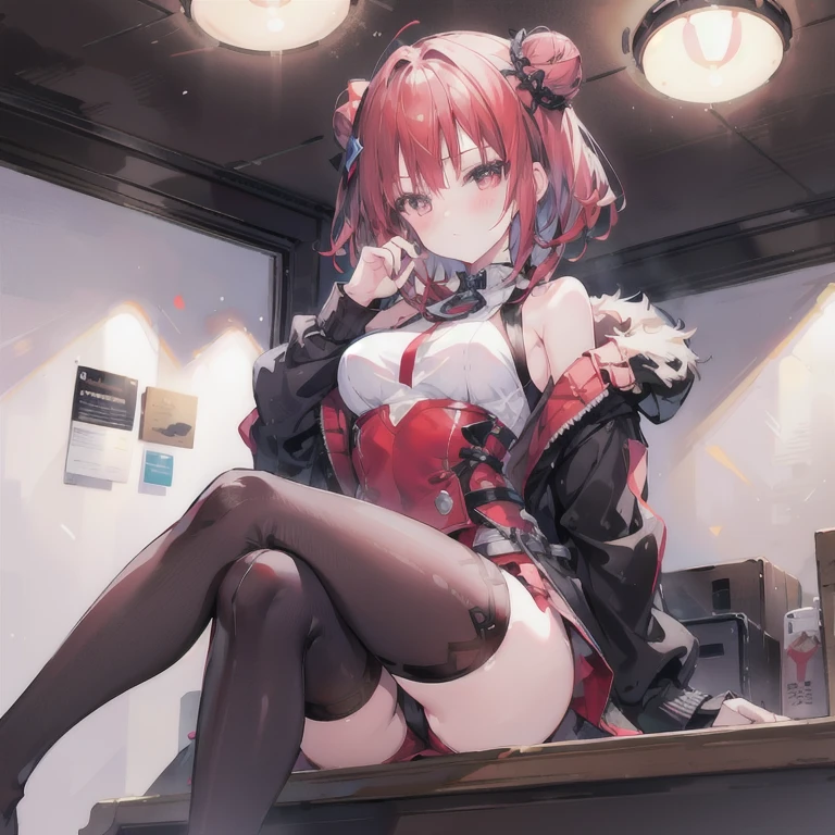 1 girl, Red hair, high bun hairstyle, There are a few strands of hair on the face, Red eyes, mascara, oversized hoodie, diaphragm, hot pants, tights, laced tights, bags under eyes, sitting, cafes, ground angle shot, The audience looked up, feet in tights, saggy , impact, original photography, 8K, masterpiece,