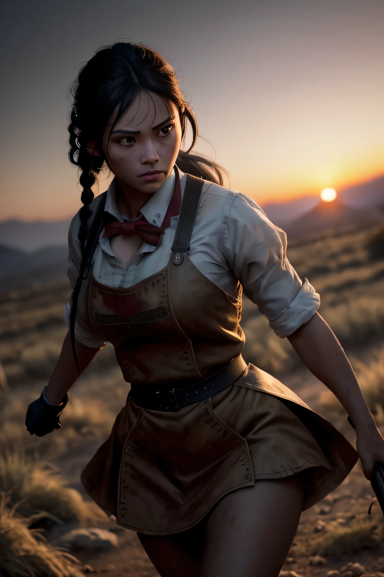 (masterpiece), (very complicated:1.3), (realistic), girl portrait, (dark fantasy, gore), (dynamic perspective), the most beautiful in the world, (waitress), outdoor, dynamic angle, running fighting stance, dry river bed, Kure, Haifa, Stunning female professional photo details, sharp focus, dramatic, Award history, cinematic lighting, Octane Rendering Unreal Engine, volumetrics dtx, (film grain, blurred background, blurred foreground, Bokeh, Depth of the bounds written, sunset), holding sickle