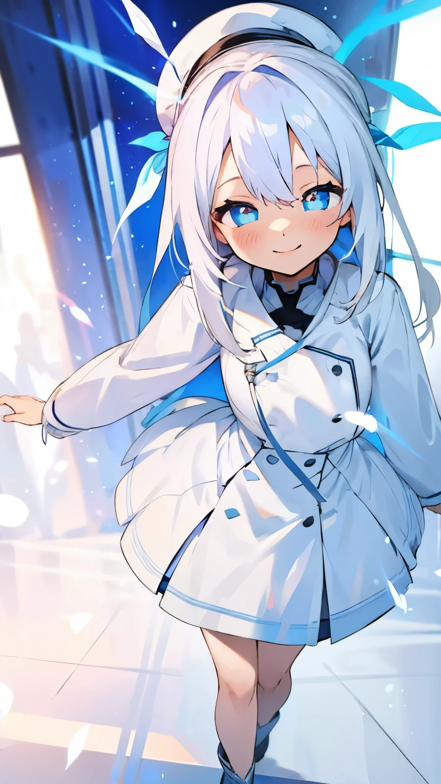white hair,light blue pupils,girl,blue coat,white skirt,cute,stand,Smile