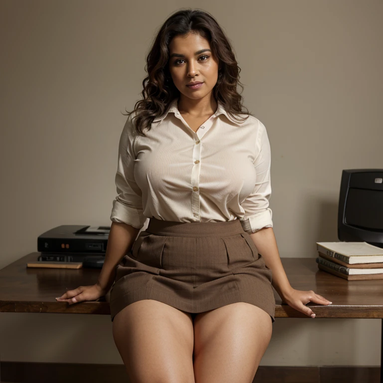 50 year old, female, Indian, light brown skin, curly short dark brown hair, bush like black pubic hair, big expressive eyes, light brown pupil, seductive smile, looking at the viewer, very fat body, big fat belly, big fat thighs, formal shirt, shirt tucked in, few shirt buttons open, blazer on top of shirt, pencil skirt, no underwear, sitting on a table, legs spread, office