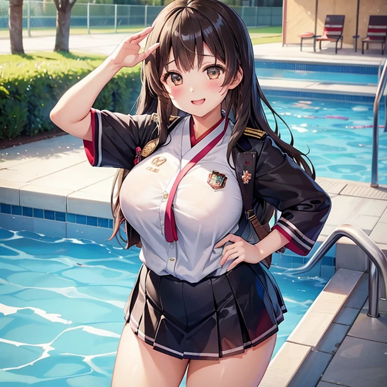 high school girl、Japanese、、Fair skin、Plump、smile、uniform、A bust that seems to burst、Plump、long brown hair、mini skirt、Poolside、