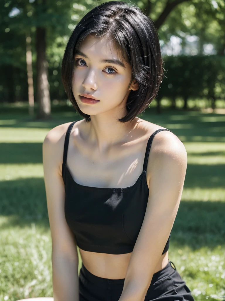 ( masterpiece, top quality, best quality,8k,17 years old girl,ultra detailed,raw photo:1.5),(photorealistic:1.4), (bob cut, black hair:1.5), (cinematic lighting), PerfectNwsjMajic, , Surrealism, UHD, ccurate, Super detail, textured skin, High detail, Best quality, dynamic angle, (high nose,White skin),[Beautiful eyes],[flat chest:large breasts:0.5],(1girl),(good anatomy:0.5)),(outside:1.5), 
