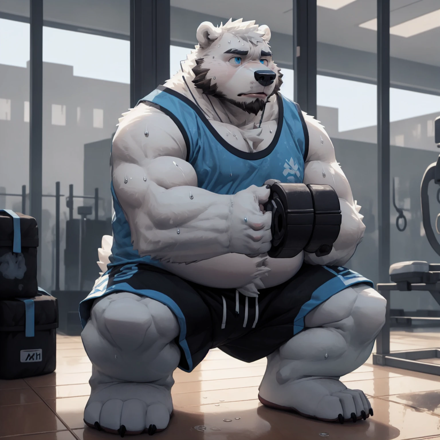 New Jersey 5 Hairy,polar bear,Full body portrait of an individual,exquisite, chubby,Fat,thick arms,Rugged muscles,naked,White plush fur,chubby脸,light blue eyebrows,sky blue eyes,beard,Soaked shorts,sweating,Squatting,Gym,in the room