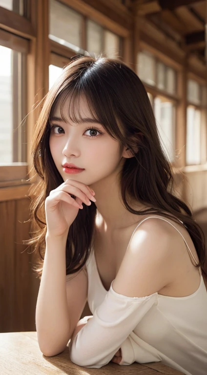 fine details, high resolution, high quality、Perfect dynamic composition, Beautiful and delicate eyes, Medium long hair, 、natural color lips,Kamimei、Shibuya、20 year old girl、1 person、clear skin、glowing hair、on the table, best quality, illustration, Super detailed, fine details, high resolution, 8K、The correct state of the human body、Squat down、Sculpt model pose,hair blowing in the wind,evening room