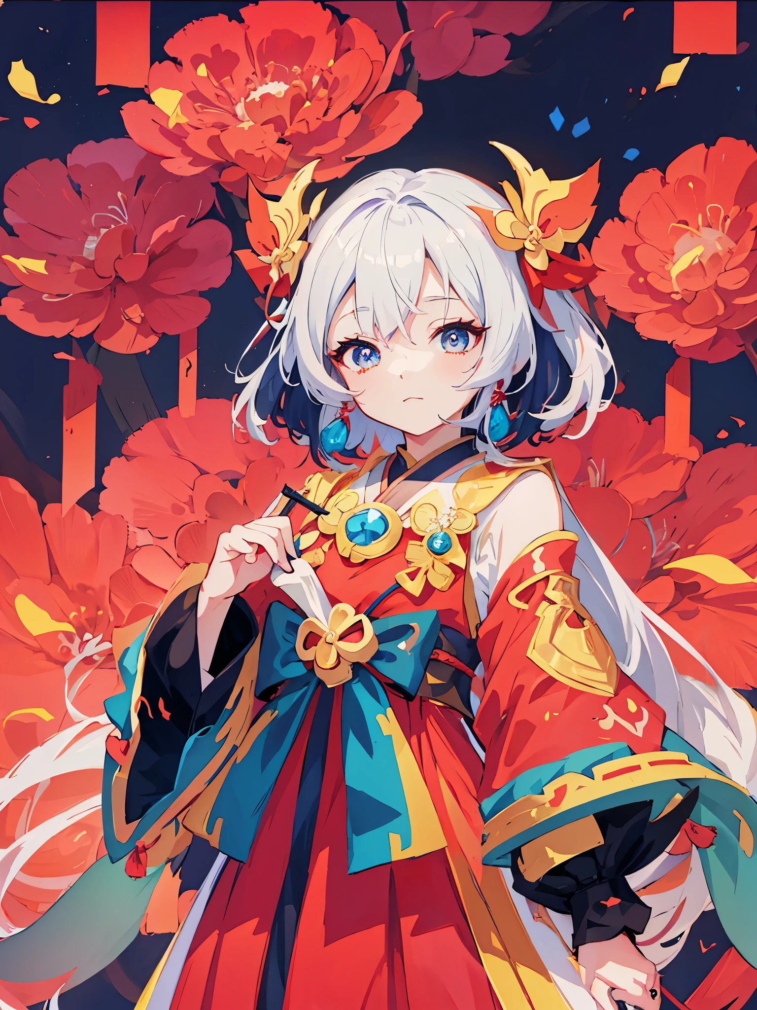 wearing red dress，Anime girl holding a fan, Onmyoji, Onmyoji detailed art, Onmyoji portrait, anime style 4k, anime art wallpaper 8k, anime art wallpaper 4k, Anime Art Wallpaper 4k, rossdraws cartoon vibrant, Splash art anime , Anime cute art style, Digital animation illustration