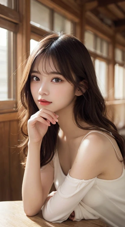 fine details, high resolution, high quality、Perfect dynamic composition, Beautiful and delicate eyes, Medium long hair, 、natural color lips,Kamimei、Shibuya、20 year old girl、1 person、clear skin、glowing hair、on the table, best quality, illustration, Super detailed, fine details, high resolution, 8K、The correct state of the human body、Squat down、Sculpt model pose，hair blowing in the wind，evening room，dark night