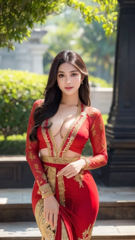 masterpiece, ultra realistic,32k,intricate details, sharp focus, realistic, closed, seductive pose, black eyes, jewelr, lips, realistic, looking_at_viewer, irene1, wet skin, shiny skin, long sleeves, indonesian clothes, bali, balinese, cityscape, dynamic pose, red kebaya,full body,busty body,curvy body,long hair,beauty face,cowboy shot