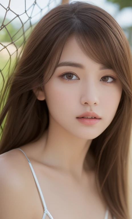 ((Best quality, 8k, Masterpiece :1.3)), A pretty 1woman with perfect figure :1.4, ((light brown hair, medium breasts :1.2)), (wearing micro bikini:1.5), Lying on hammock, Hammock, At the beach:1.2, Highly detailed face and skin texture, Detailed eyes, Double eyelid, arms holding breasts,big butt