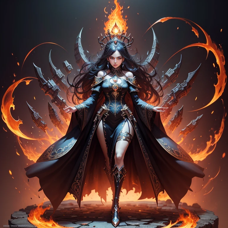 Fire Empress,Long Black Hair,Latex Clothing,Sitting on a Throne,Metal Crown,Masked Servants in Background,Fire Wings,Hand Drawing,Illustration,Art Nouveau
