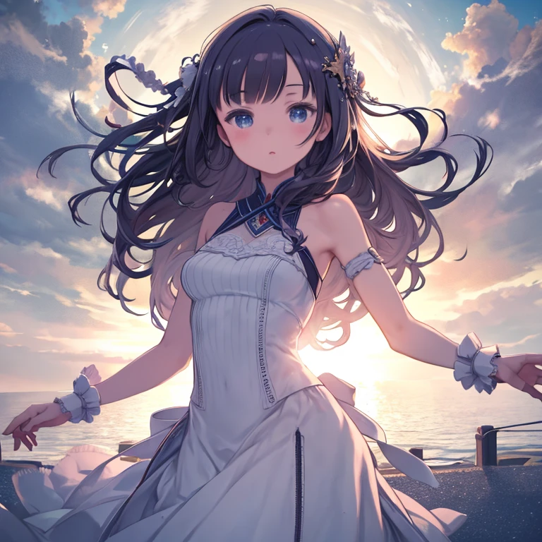 Full-length portrait of a girl,White dress,White panties,Small Bust,blue sky