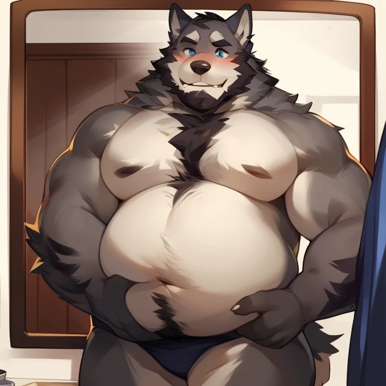 solo, male, werewolf, wolf, canine, chubby, musclegut, belly, pot belly, plump, mature male, facial hair, beard, nervous, blushing, chest fur, stomach fur, hands on belly, looking down at belly, grey fur, blue eyes, body hair, half-body, looking at mirror, white background, by mystikfox61, by darkgem, by glitter trap boy, by bebebebebe