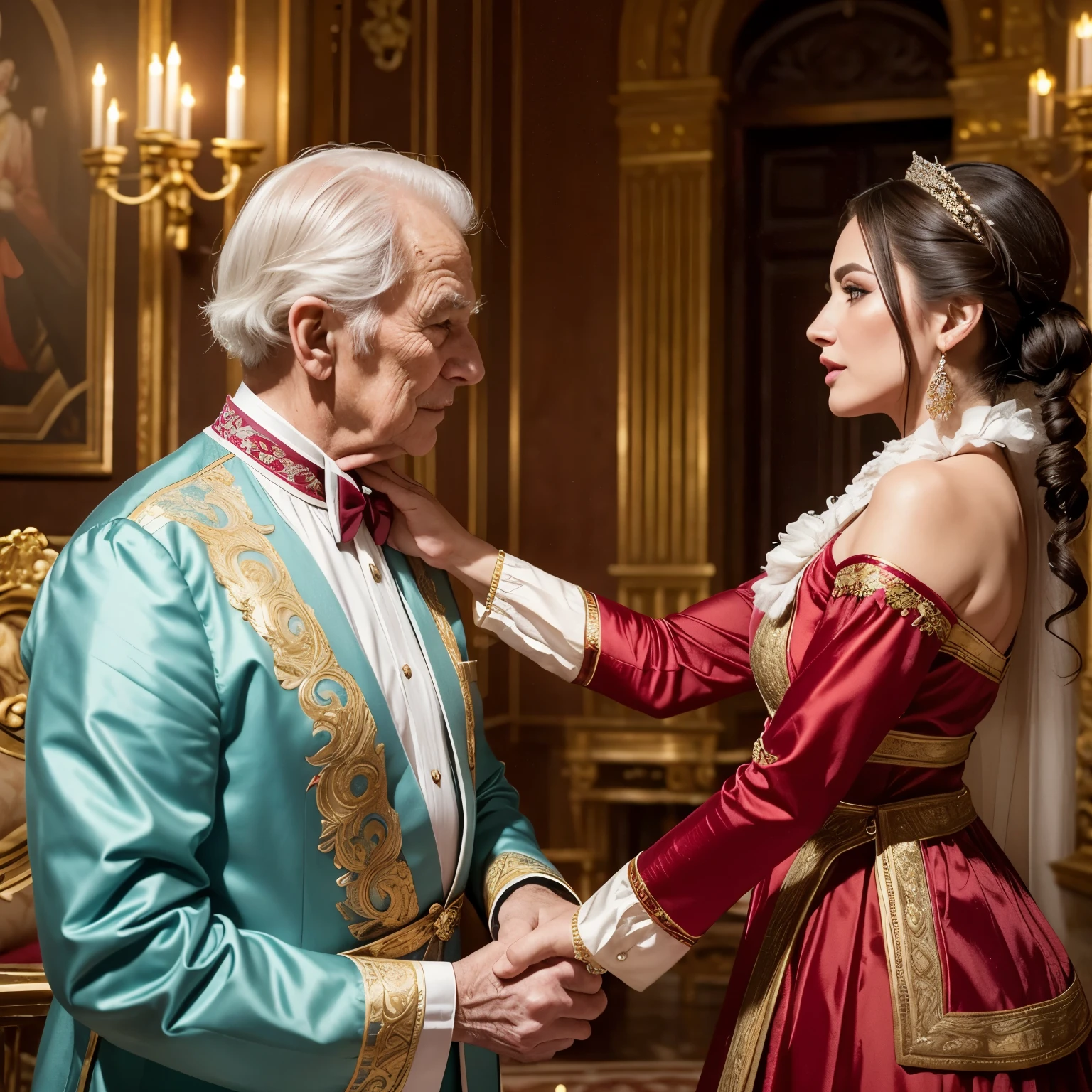 Masterpiece: 1.5, Beautiful Elderly Man Expressing Love Towards Ten Beautiful Women in Palace,
Masterpiece, Romantic Elderly Man, Passionate Elderly Suitor, Stunning Women, Ten Gorgeous Ladies, Palace Setting, Love Scene, Detailed Characters, Realistic, Traditional Attire, Elegant, Flower Garden Backdrop, Soft Lighting, Intimate Moment, Emotional Connection.