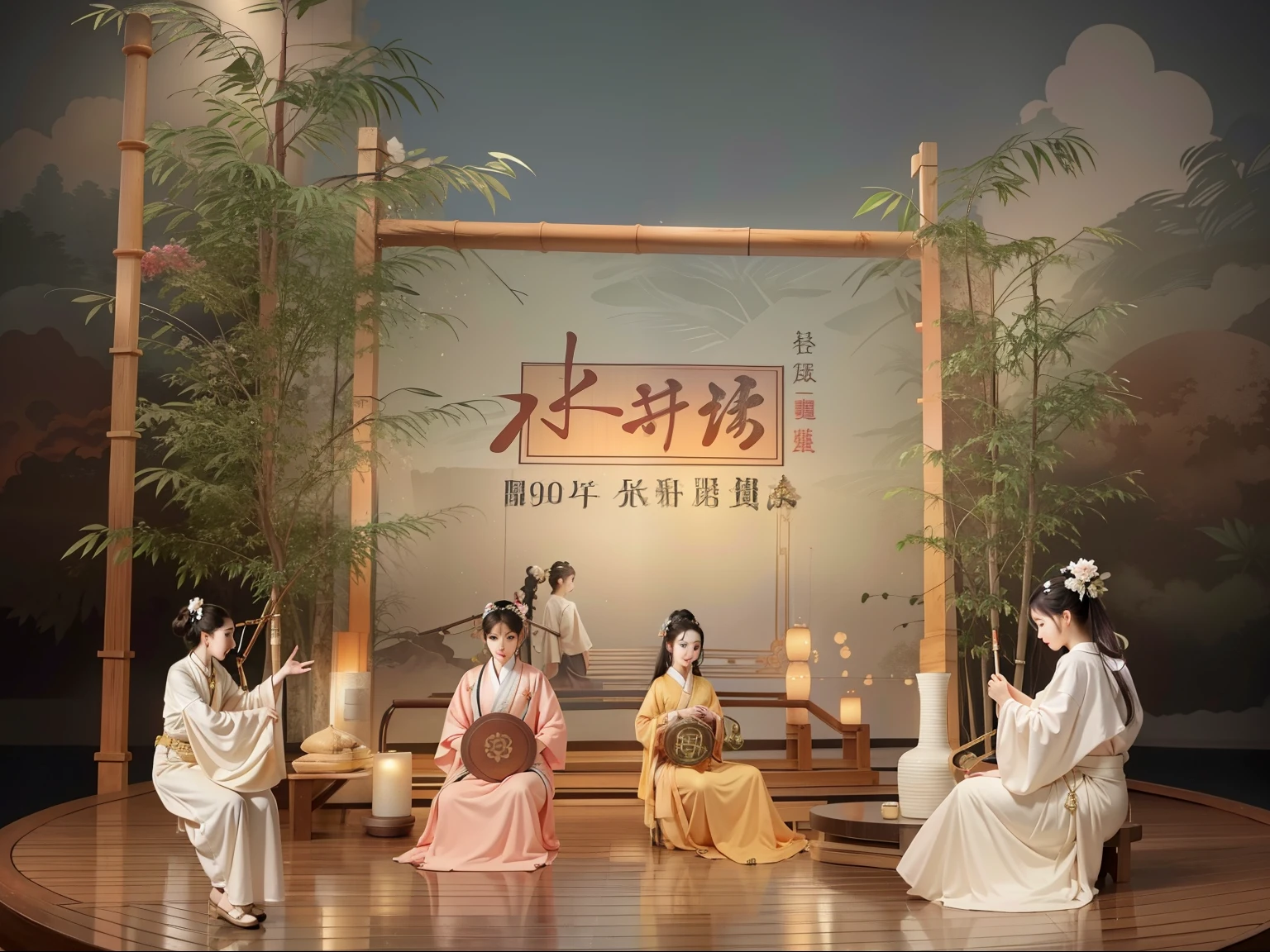 (masterpiece, top quality, best quality, official art, Beautiful and beautiful:1.2),(8K, best quality, masterpiece:1.2), CGguofengfeitianswa, 史诗级CGmasterpiece, high dynamic range,digitalTM, Manha,8K, Ultra-detailed graphic tension, dynamic poses, stunning colors, 3D rendering, surrealism, Cinema-level lighting effects, realism, 00 renderer, Surreal, super wide angle。At a Chinese wine product launch event,There is an environmental installation that attracts everyone's attention。ahead,Guqin、Flute、Erhu、Drum、the ancients,Ancient charm,Lots of space。home front,Bamboo forest installation background,Chinese culture,Oriental charm。