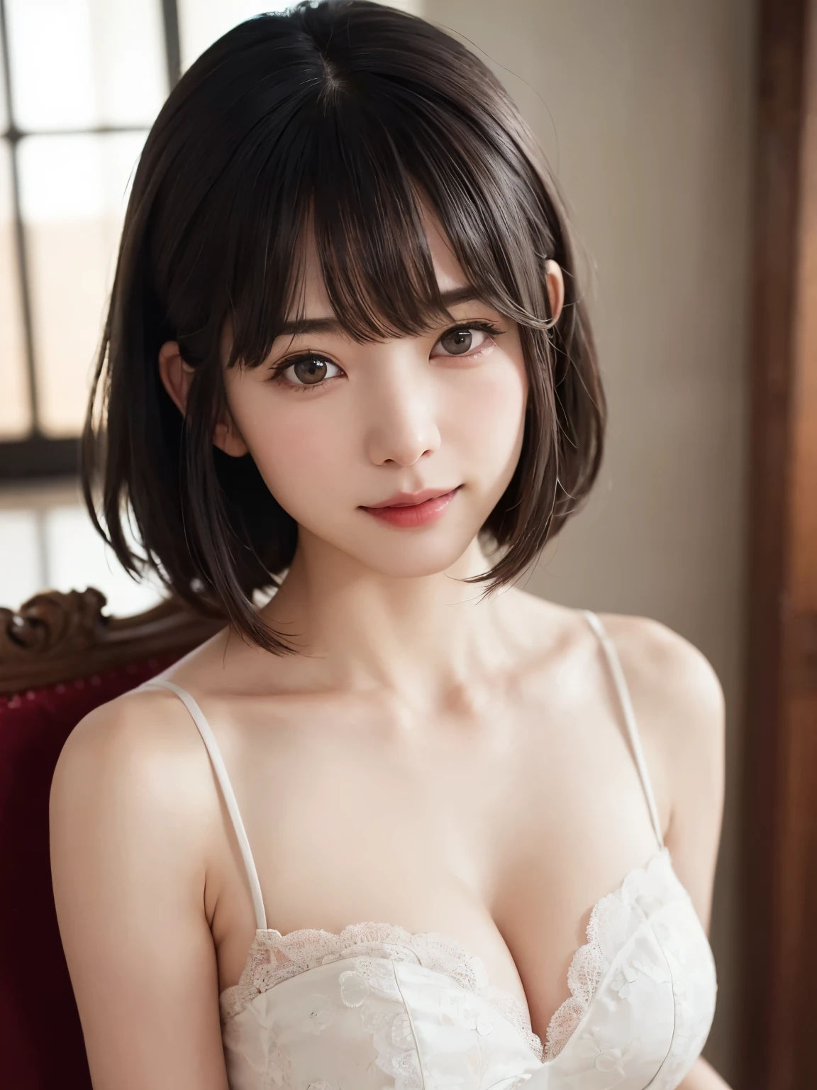 1 girl、highest quality、realistic、alone、Depth of written boundary、natural soft light、daytime、charm、beautiful face、cleanliness、pure face、white skin、cute、short hair、bangs、beach、Light of the sun、Nedium Breast Body Esbian、((セーター黄金比のbeautiful face 対称性のあるbeautiful face))、long neck、show me your ears、bangsのあるきれいな短いボブヘア、smile with your mouth closed、perfect hands指、perfect hands、perfect body、perfect face、Shine a light into your eyes、perfect anatomy:1.4、とてもcuteスーパーモデル:1.4、{Huge|big|Hugeな|mega} chest, cleavage、smile:1.6、Very beautiful teeth:1.6