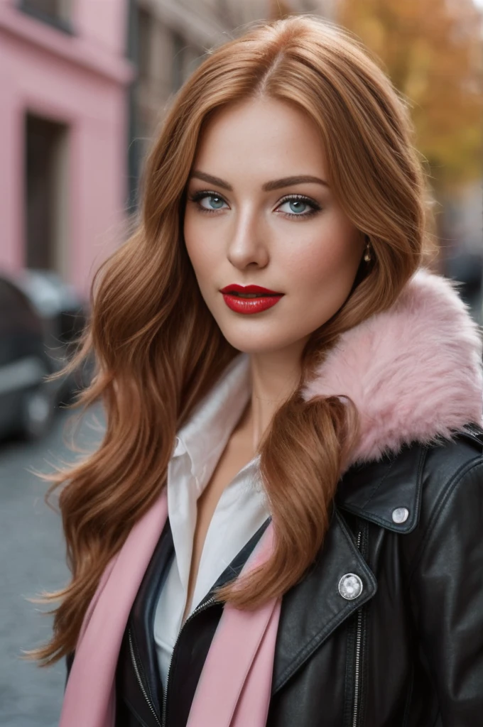 A close-up portrait of a gorgeous, beautiful, stunning russian woman wearing a classy outfit: a black belted leather trench coat, a navy blue shirt, and a black newsboy cap. A redhead woman from Russia, delicate red lips, pastel pink skin tone, soft flawless pale skin, soft make-up, red lipstick. Classy, elegant, stylish redhead woman, a majestic lady, dream beauty, ethereal beauty, delicate, sensitive, tender, lovely, romantic, kind, so femenine and strong, brave, pushing, spirited, lively, brisk determined woman. Elegant look, flowing and glowing layered wavy ginger hair.She's making a photo book, fall-winter season. smiling at camera, professional photograph, editorial photograph, modeling photograph, portrait photo of a russian model.
