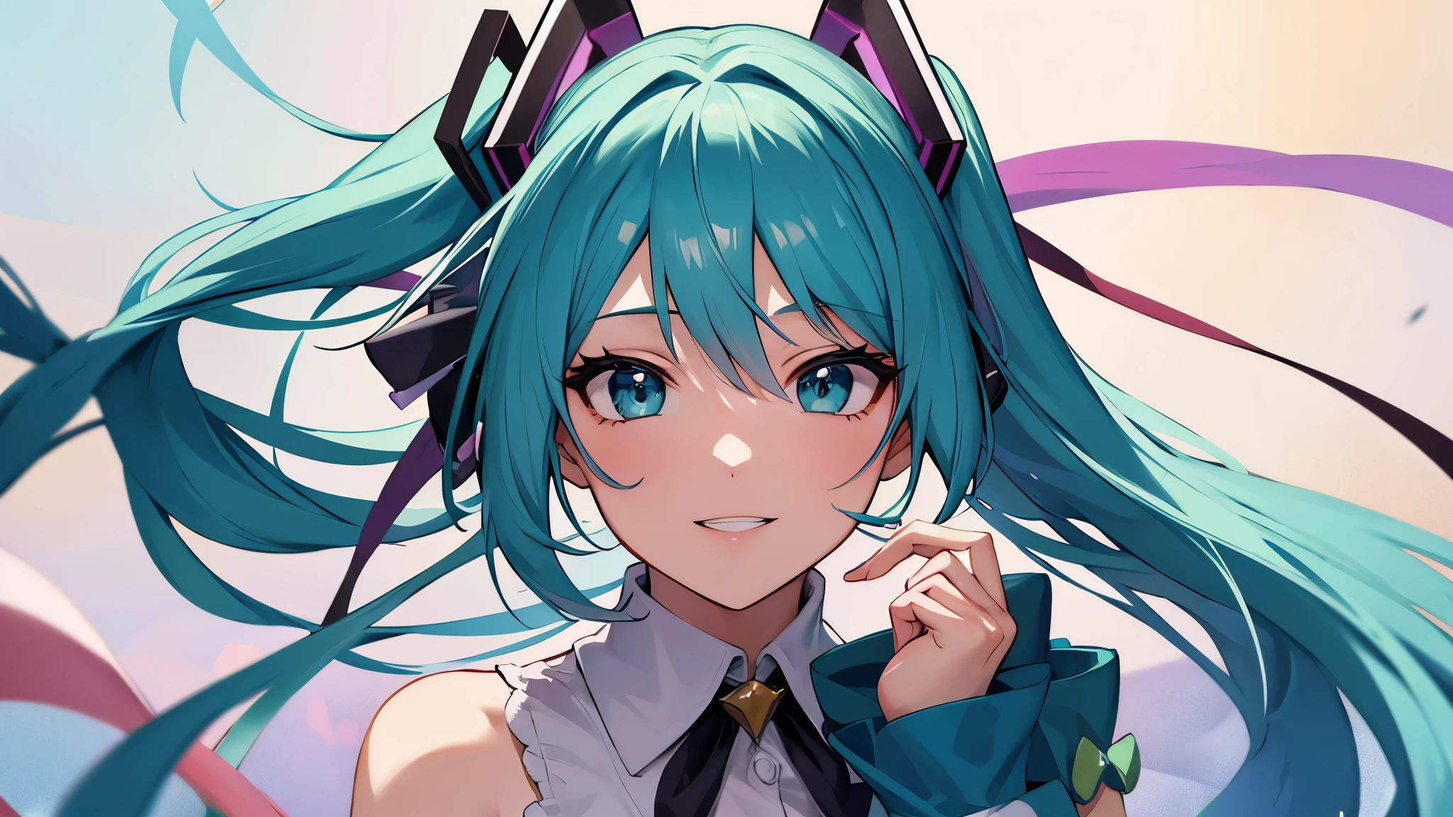 Korean girl, black hair, older sister, tying her hair into a ponytail and smiling to the narrator, high definition picture, masterpiece, (beautiful girl, cafe, seductive, virgin, sexy), (secretary), fierce smile, Miku, Hatsune Miku,