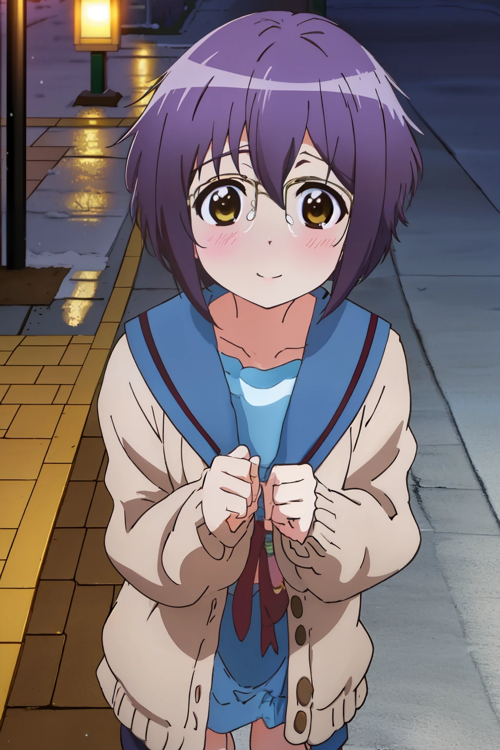 masterpiece, best quality, high resolution,
cowboy shot, anime coloring,
,NIGHT, pavement, snowing, snow,utility pole, (Pavement and Snowscape:1.2)
kyoani haruhi style, cinematic,
,kyoani haruhi style, 1girl, solo, yuki nagato, kita high , short hair, , blue sailor collar, sailor collar, serafuku, cardigan, purple hair, bangs, brown eyes, anime coloring, small breasts, ((masterpiece)), looking at viewer,