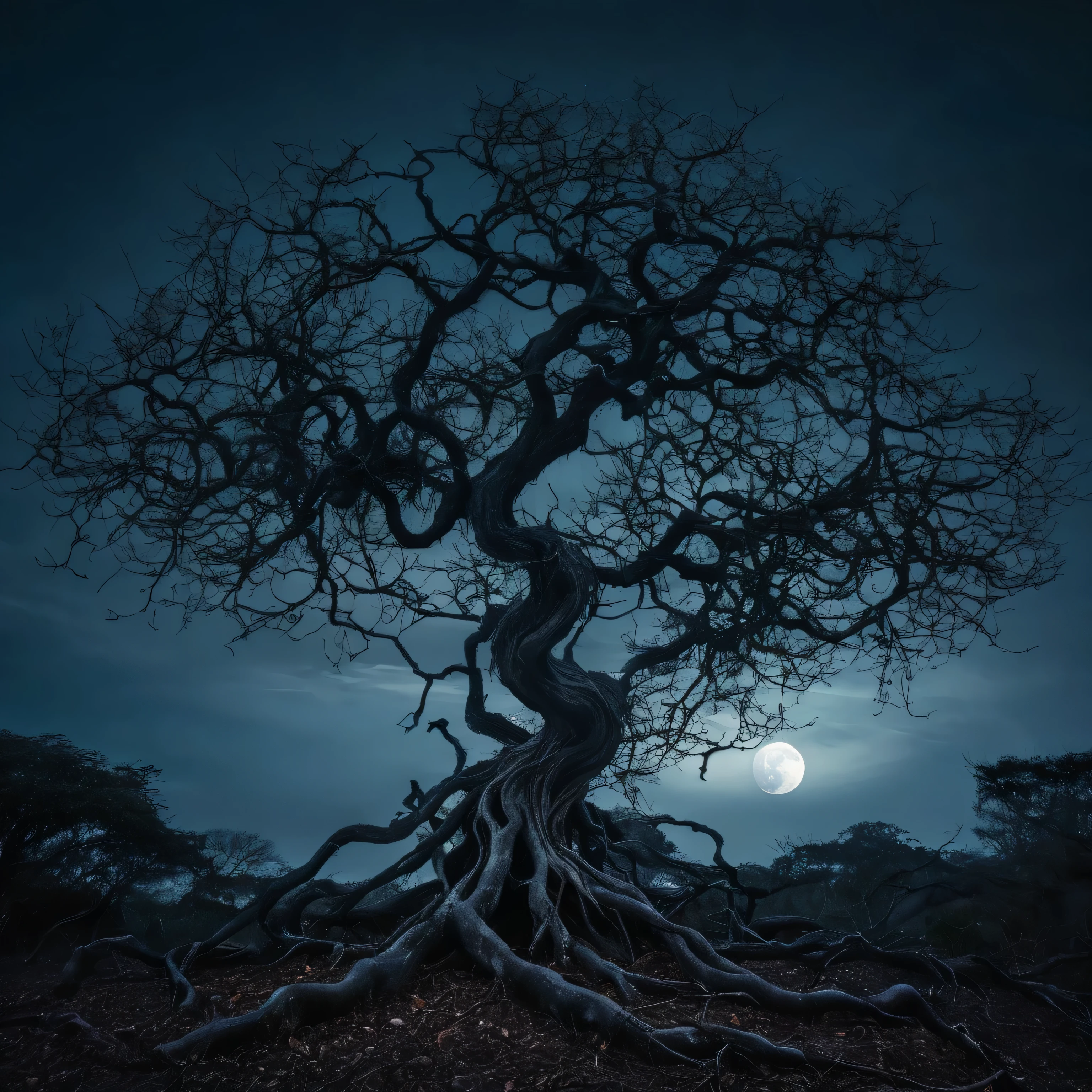 A dark and eerie image of a twisted tree with seven branches, each one bearing a different fruit representing a different sin, with a haunting moon in the background.
