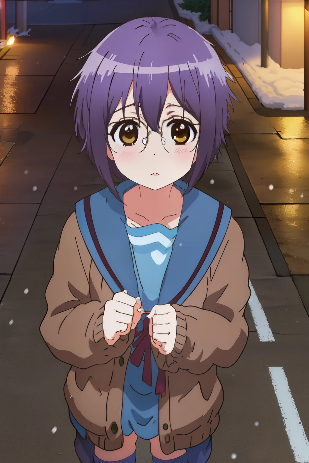 masterpiece, best quality, high resolution,
cowboy shot, anime coloring, 
 ,NIGHT, pavement, snowing, snow,utility pole,  (Pavement and Snowscape:1.2)
kyoani haruhi style, cinematic,
,kyoani haruhi style, 1girl, solo, yuki nagato, kita high , short hair, , blue sailor collar, sailor collar, serafuku, cardigan, purple hair, bangs, brown eyes, anime coloring, small breasts, ((masterpiece)), looking at viewer,