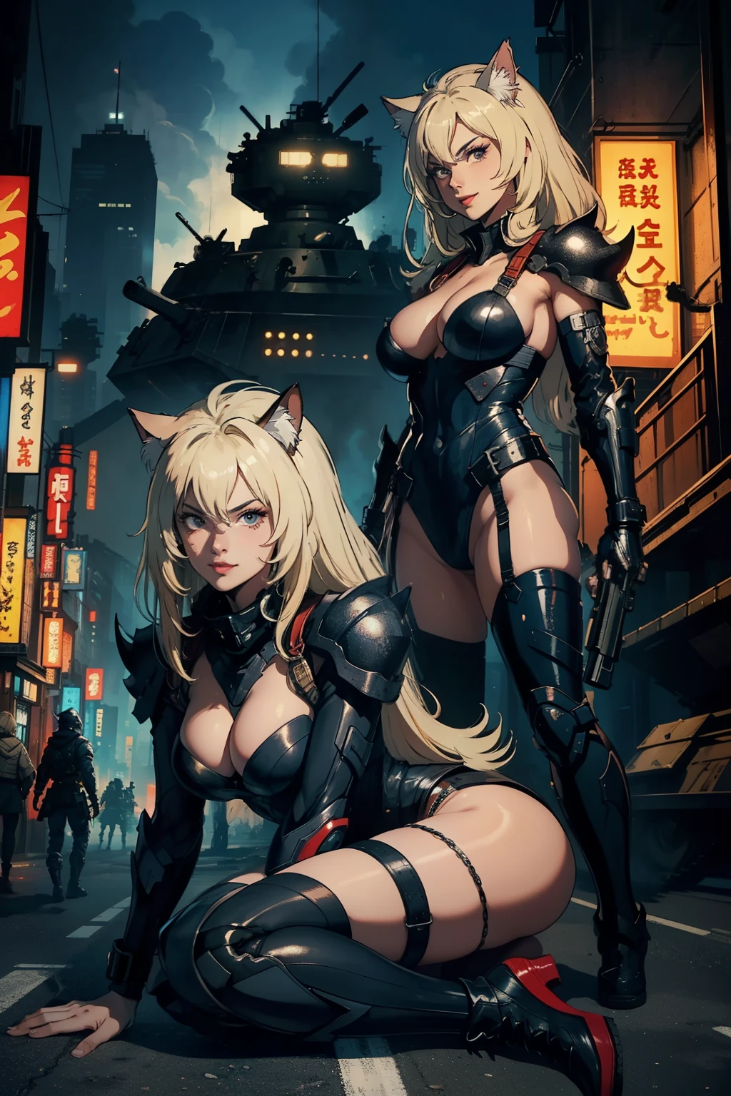 ((highest quality)), ((masterpiece)), (be familiar with), (High definition), 8K, perfect face、2 women、Two blonde women with cat ears standing side by side、(2 Lying:1.2), (fearless smile)、combat readiness、tall、2 Blonde cat ears、2. Long Hair、2. Volumetric hair style、big breasts、constricted waist、big ass、glamorous、Glamorous、protector、Armor、combat suit、combat boots、armed、Equipped with large firearms、Posing in front of a tank、cinematic、best shadow、side lighting、NEO TOKYO、explosion