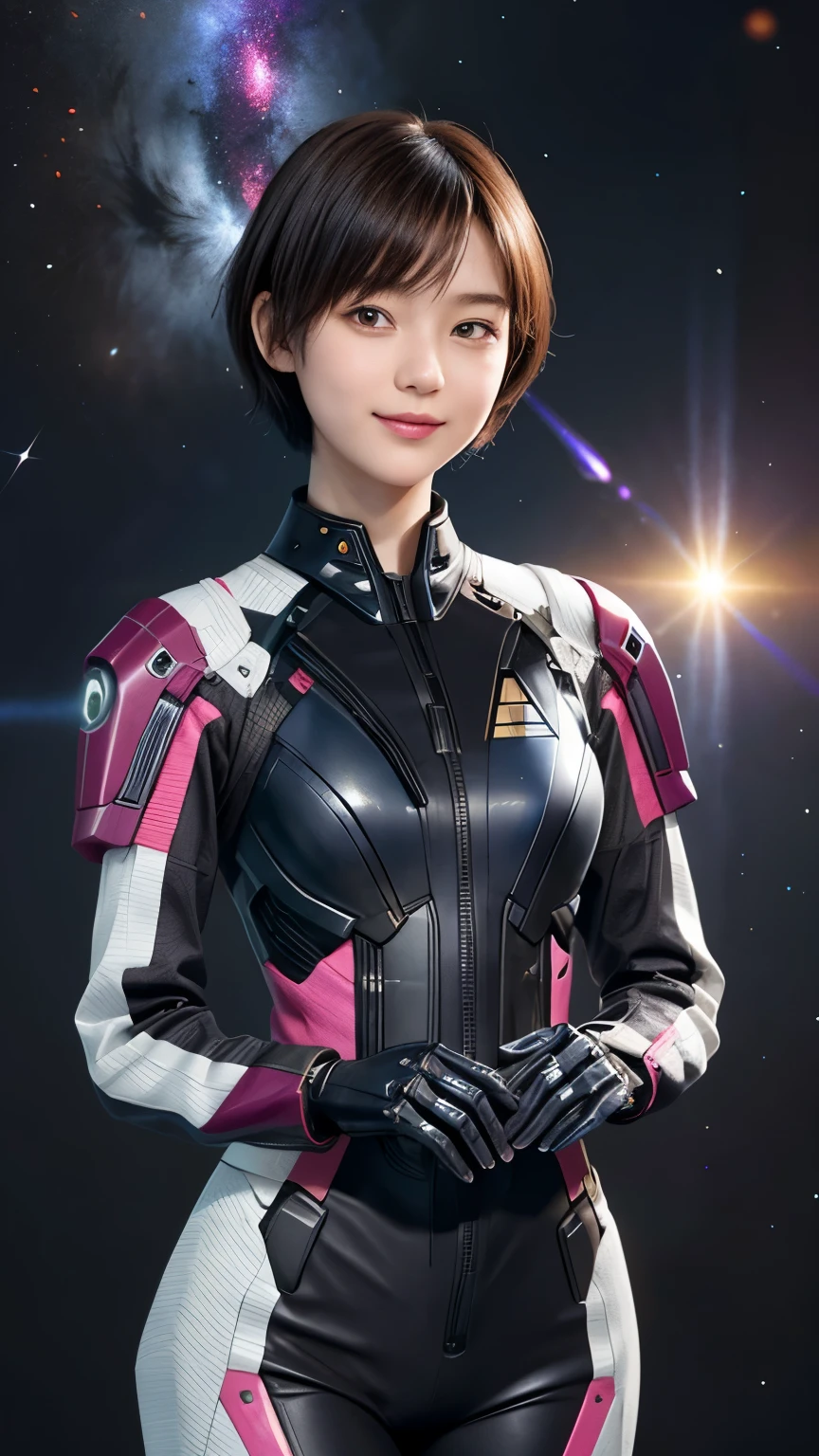 208 Short Hair, 20 year old female, Floral, gentle smile, futuristic clothes, mechanical suit, (The background is a galaxy and nebula)