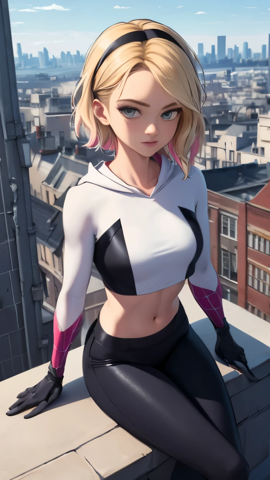 (Highly quality, masterpiece, detailed), city detailed scenario, city detailed background, solo, Gwen, blonde hair, multicolored hair, short hair, hairband, crop top, web-print, hood down, gloves, navel, sitting on top of a building, perfect face, beautiful eyes, look at the viewer, Sexy pose