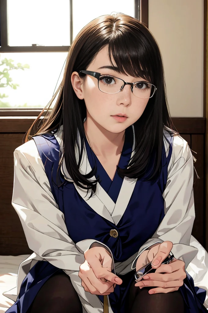 Japanese woman sitting on the bed with glasses on,Young beautiful girl gravure idol, 1,(Raw photo:1.2), (realistic:1.4), random pose,Meticulous beautiful girl, highly detailed eyes and face, detailed and beautiful eyes, absurd, incredibly ridiculous, huge file size, super detailed, High resolution, best quality，((Japanese girls&#39; high school uniform))，enlightenment，cg，amazing cleavage，finely，best quality，face light，cinematic lighting, (wearing glasses)，((pantyhose))，((sit with legs apart))，cute freckles.Mole under left eye,upward glance,