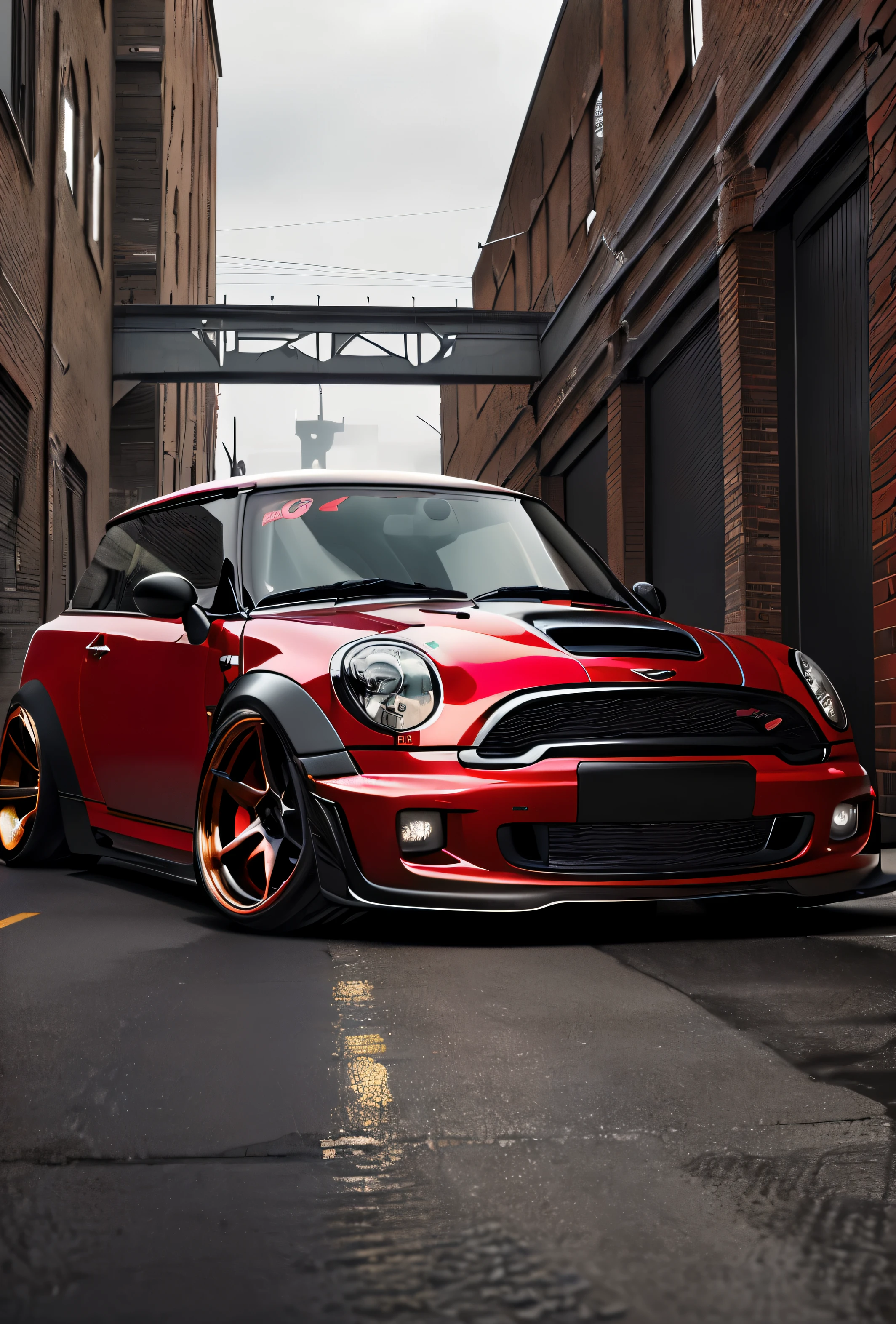 deep Candy apple red R53 Mini Cooper S JCW, ((carbon fibre, Liberty walk ultra wide body kit)), aggressive stance ((background: inside old industrial style building, large windows in background, overcast sky, heavy industrial look, cobble stone street)), 8K quality, realistic, realism, sharp, detailed, ultrawide, black and carbon fibre and deep candy apple red scheme, front profile, epic stance, epic ultra wide body kit, super low stance, aggressive looks