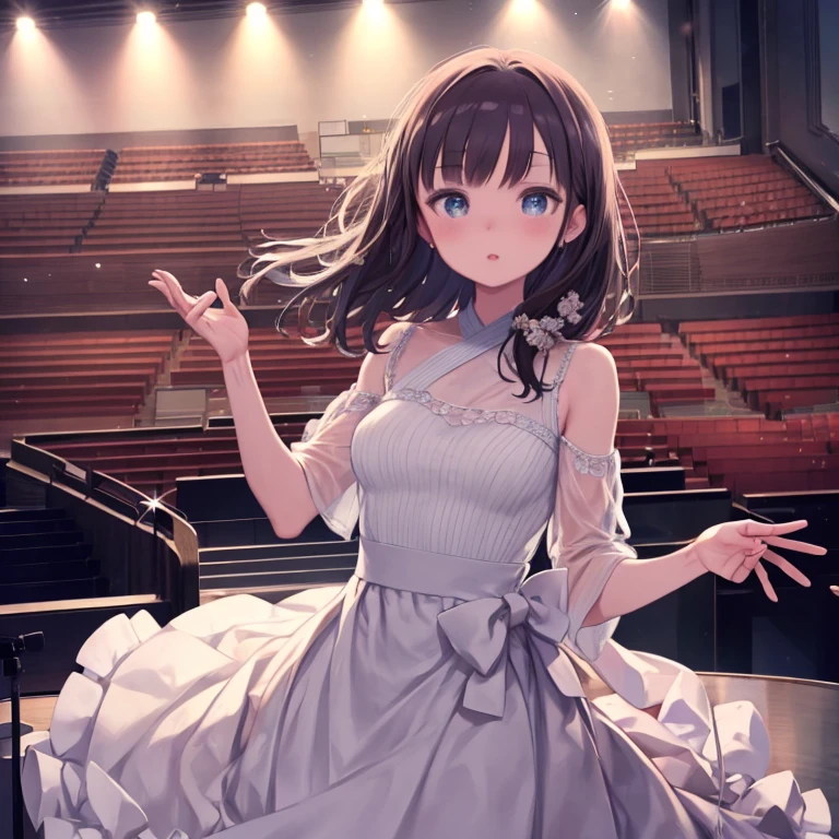 One girl, alone, Highest quality, masterpiece , Ruby Hoshino,  hair ornaments, Shining Eyes, Stars in my eyes, (Star in the right eye:1), (dress:1.4), (Concert 1), On Stage,