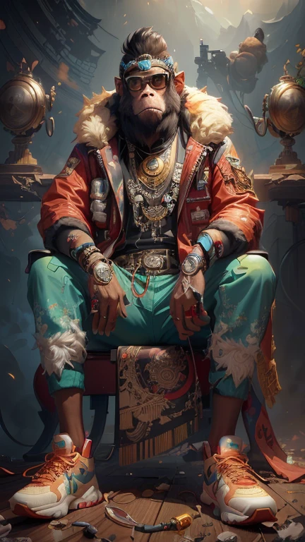 A closeup of a monkey sitting in a chair with a bag, black ray ban glasses, red and white Jordan air sneakers, trend in CGSsociety art, trend in CGSsociety, wojtek fus, trend in cgsociety, [ trend in cgsociety ]!!, hyperdetailed fantasy character, cgsociety and fenghua zhong, intricate wlop, ross tran 8 k, trend in artstation 4k,  stunning digital illustration, vignette