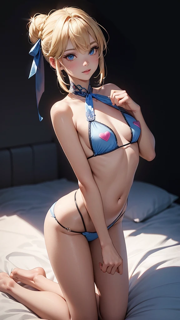 nsfw,1girl,(Artoria Pendragon1.3), (blond heir), (braided single hair bun)), (small breast:1.5), ((beautiful anime eyes with fine detail)), ((indigo blue ribbon)), realistic skin, (intricate details), ((lighting forward)), depth field, ((ultra high resolution, high res)), {highres}, {{very fine 8KCG wallpapers}}, {{very precise detailed}}, full body,(Microbikini1.6),nipples heart pasties,pussy line,sexy pose