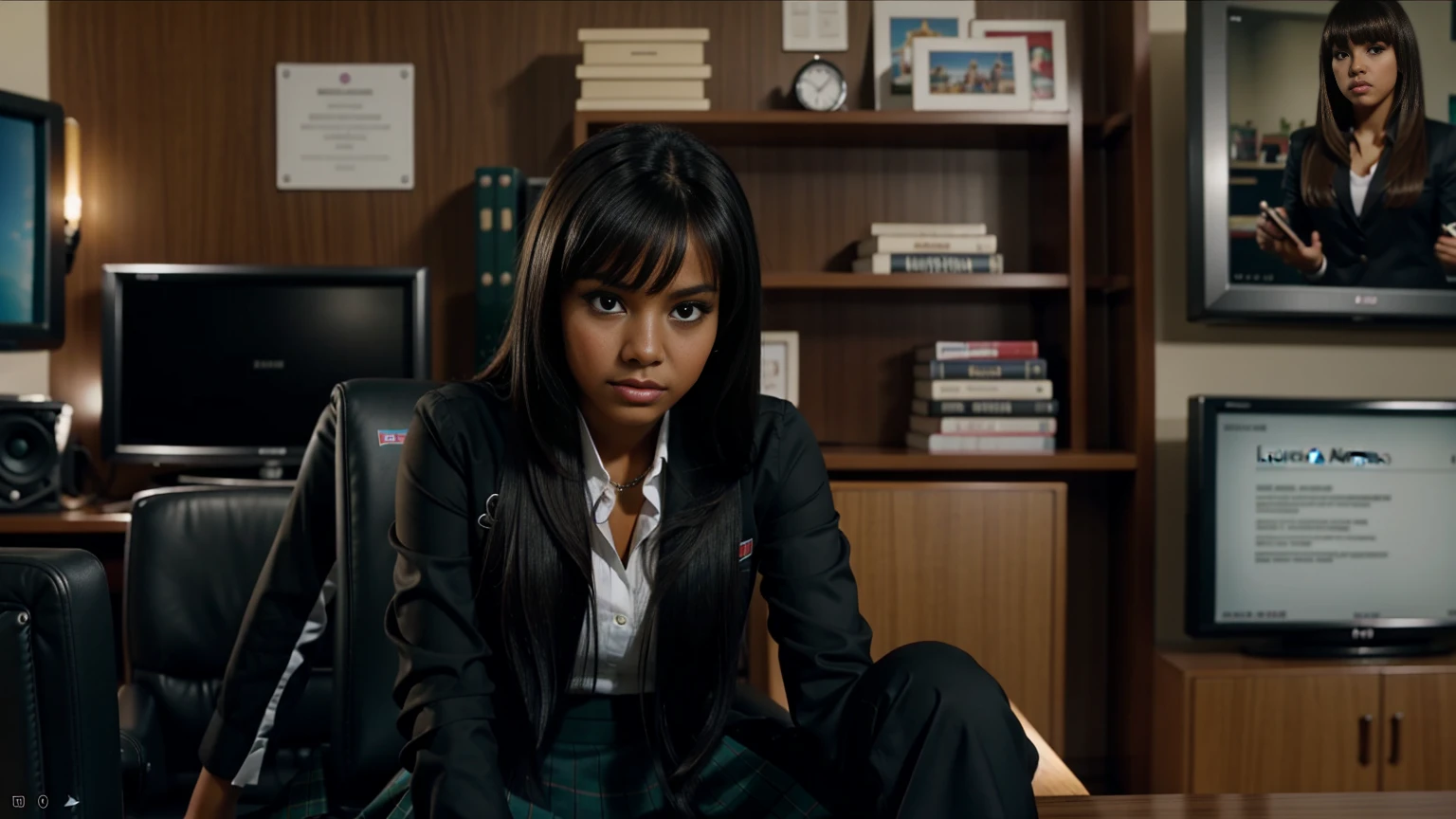 DSLR photo of Luzzei Alexia Amas, she is an Impressively perfect mexican brunnette, tanned skin latina goddess, 18 years old, pinterest and Instagram model, She is wearing skirt uniform she is in the dean's office , arafed woman sitting in a chair in a room with a desk, noire moody scene, youtube video screenshot, sitting in dean's office, movie screen shot, age vanessa morgan, screenshot from a movie, still from a music video, tv commercial, screen cap, blunt bangs fall on her forehead, favorite scene, she has black hair with bangs
