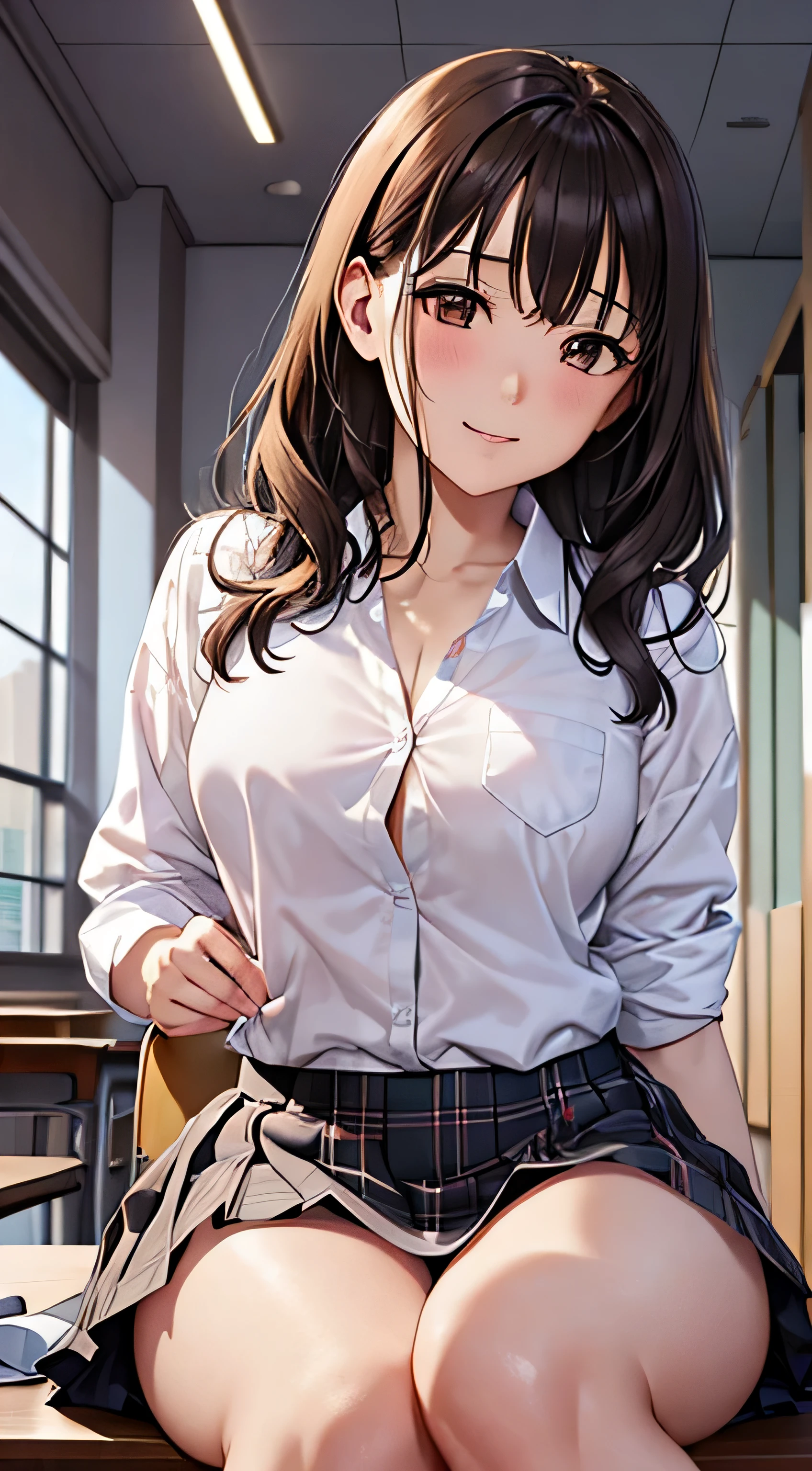 ((table top, highest quality, High resolution, nffsw, perfect pixel, 4k, nffsw, nffsw))), 1 girl, single, alone, beautiful woman、I could see the whole body、 ((short wavy hair, bangs, brown hair)), ((brown eyes, beautiful eyelashes, realistic eyes)), ((detailed face, blush:1.2)), ((smooth texture:0.75, realistic texture:0.65, realistic:1.1, Anime CG style)), medium breasts, dynamic angle, perfect body, ((school uniform, white shirt, black skirt, unbuttoned shirt、plaid skirt、not wearing shoes、white socks)), classroom without people、sit at desk、..、evening、、、Very embarrassing panic smile、(lift the skirt with your right hand、open your legs、open your knees wide、pink floral lace panties)、、(pink lace bra)、angle from below