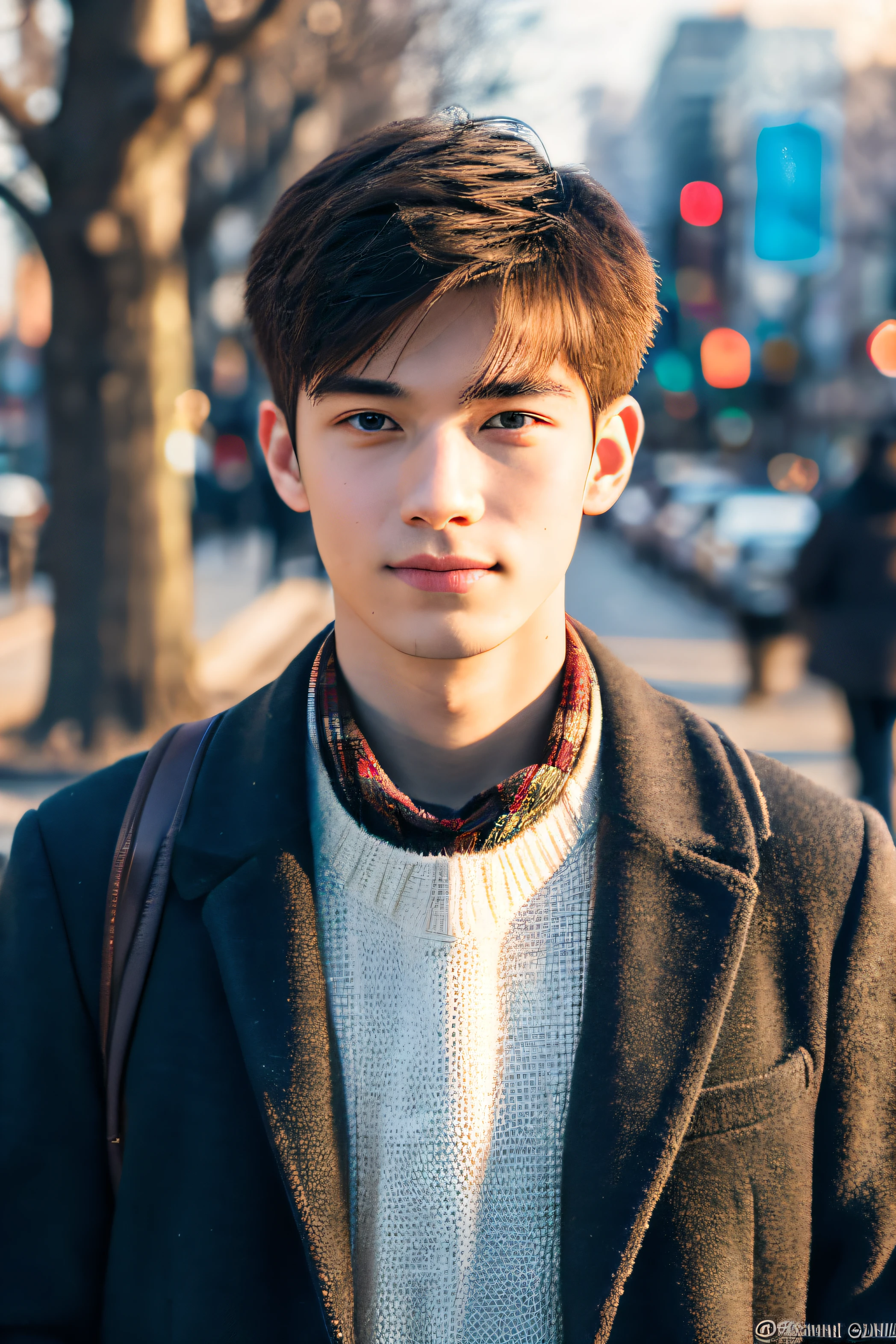 Photoreal, 8k Full Length Portrait, Handsome, 18 year old male, attractive look, Precise facial details, Tokyo city, winter, With Shibuya in the background