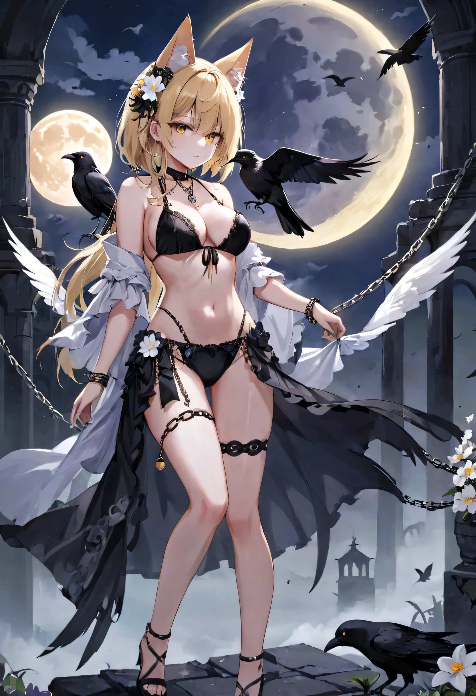 (masterpiece), (best quality), omnipotence, full moon, (black leg decoration), 1girl, (crow), white chain, ruins, 1gir, flower, flower, flower, floud_moon, (crow)), chain, ruins, 1gir, in flower, black_bikini, 1 girl in lace, belly button,(Cat ear)、Bob Cut Blonde Hair、big breasts